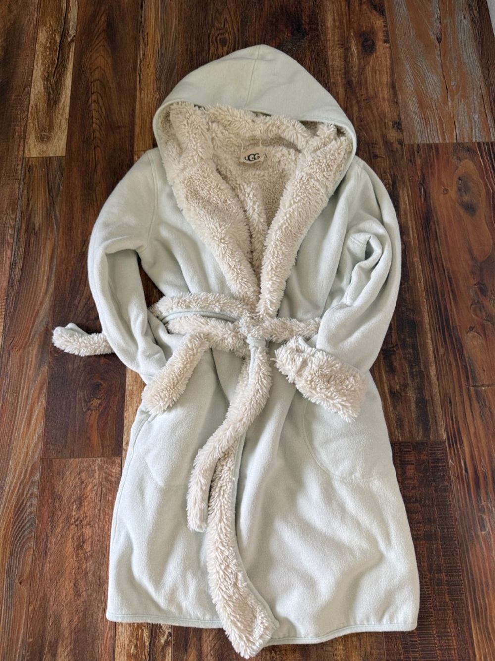 UGG Hooded Sherpa Robe in Mint Green with Cream Trim